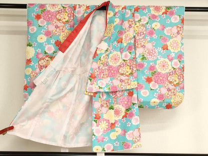 平和屋本店[]七五三　女の子　３歳　祝着　三つ身　長襦袢(単衣・半衿刺繍)・被布・小物セット　草花文　金彩　箱付き　AABK9145ja