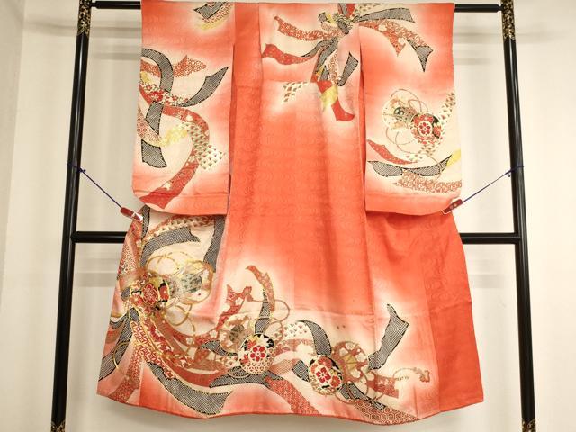 平和屋着物[]七五三　女の子　７歳　祝着　四つ身　駒刺繍　束ね熨斗鼓文　暈し染め　金彩　正絹　逸品　AABK9146ja