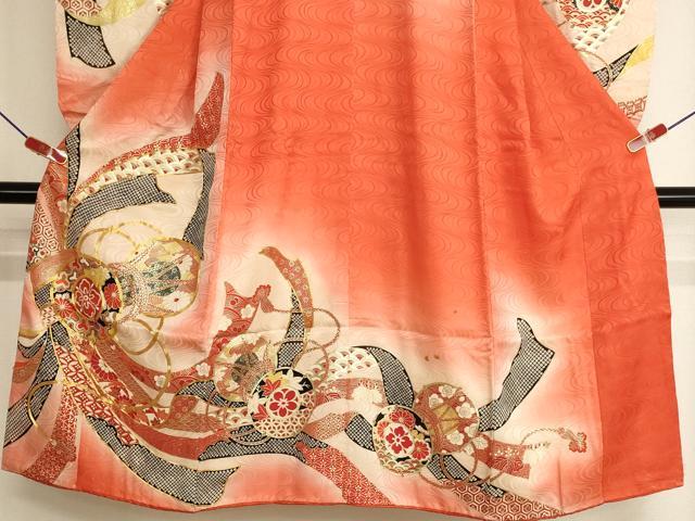 平和屋着物[]七五三　女の子　７歳　祝着　四つ身　駒刺繍　束ね熨斗鼓文　暈し染め　金彩　正絹　逸品　AABK9146ja