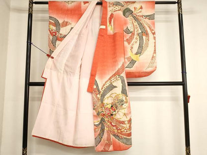 平和屋着物[]七五三　女の子　７歳　祝着　四つ身　駒刺繍　束ね熨斗鼓文　暈し染め　金彩　正絹　逸品　AABK9146ja