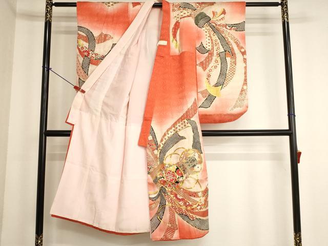 平和屋着物[]七五三　女の子　７歳　祝着　四つ身　駒刺繍　束ね熨斗鼓文　暈し染め　金彩　正絹　逸品　AABK9146ja
