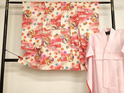 平和屋着物[]七五三　女の子　３歳　祝着　三つ身　長襦袢(袷)セット　花蝶文　鴛鴦　暈し染め　金彩　逸品　AABK9147ja