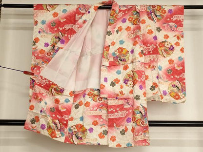 平和屋着物[]七五三　女の子　３歳　祝着　三つ身　長襦袢(袷)セット　花蝶文　鴛鴦　暈し染め　金彩　逸品　AABK9147ja