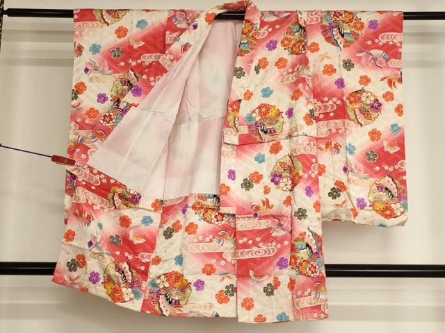 平和屋着物[]七五三　女の子　３歳　祝着　三つ身　長襦袢(袷)セット　花蝶文　鴛鴦　暈し染め　金彩　逸品　AABK9147ja
