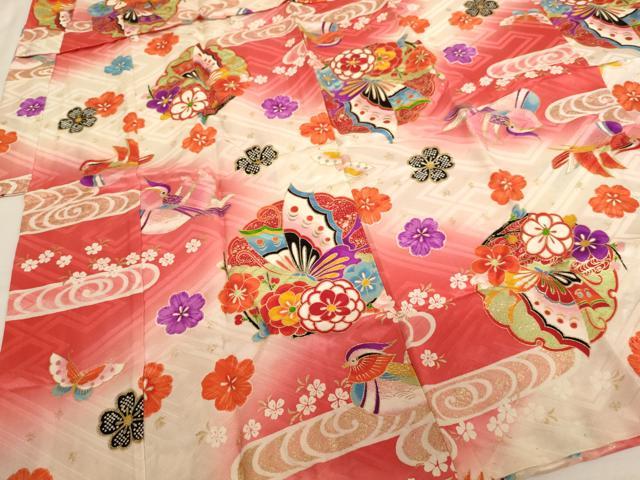 平和屋着物[]七五三　女の子　３歳　祝着　三つ身　長襦袢(袷)セット　花蝶文　鴛鴦　暈し染め　金彩　逸品　AABK9147ja