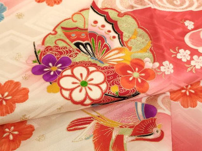 平和屋着物[]七五三　女の子　３歳　祝着　三つ身　長襦袢(袷)セット　花蝶文　鴛鴦　暈し染め　金彩　逸品　AABK9147ja