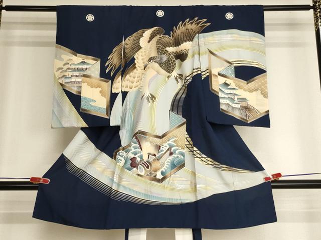 平和屋着物[]お宮参り　男の子　祝着　産着　初着　のしめ　鷹　屏風　金銀彩　逸品　AABK9151ja
