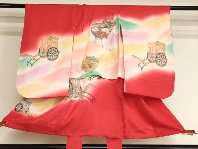 平和屋着物[]七五三　女の子　３歳　祝着　一つ身　作家物　寿光織　糸巻き御所車文　暈し染め　正絹　逸品　AABK9153ja