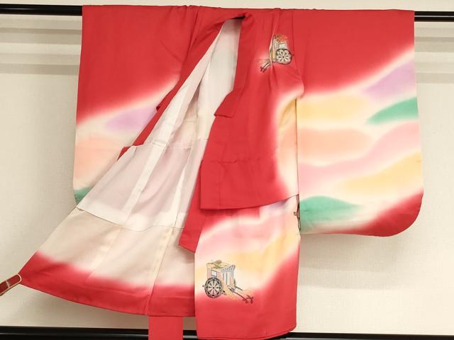 平和屋着物[]七五三　女の子　３歳　祝着　一つ身　作家物　寿光織　糸巻き御所車文　暈し染め　正絹　逸品　AABK9153ja