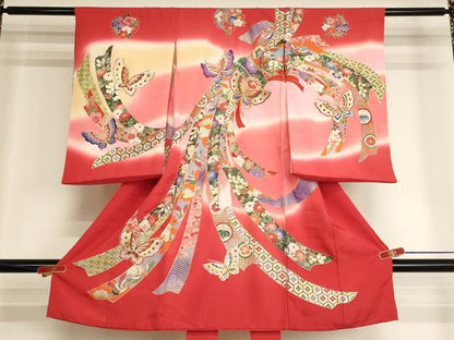 平和屋着物[]お宮参り　女の子　祝着　産着　初着　のしめ　束ね熨斗花蝶文　暈し染め　金銀彩　正絹　逸品　AABK9162ja