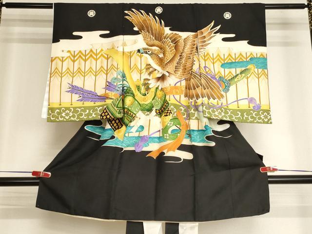 平和屋着物[]お宮参り　男の子　祝着　産着　初着　のしめ　駒刺繍　鷹　武具文　暈し染め　金彩　逸品　AABK9163ja