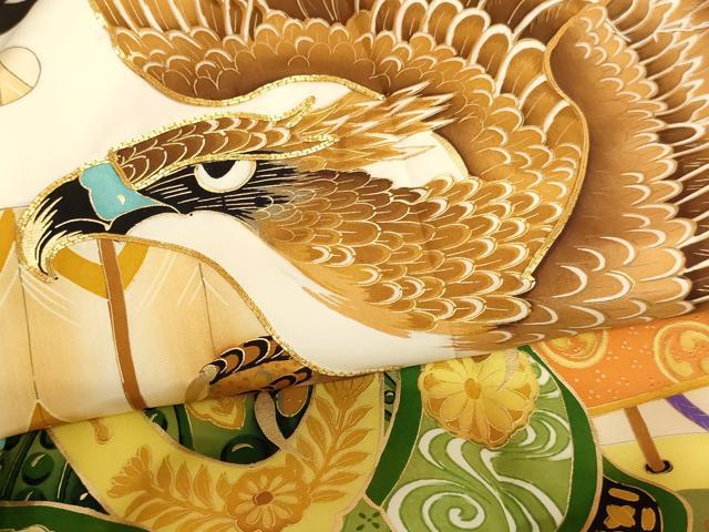 平和屋着物[]お宮参り　男の子　祝着　産着　初着　のしめ　駒刺繍　鷹　武具文　暈し染め　金彩　逸品　AABK9163ja
