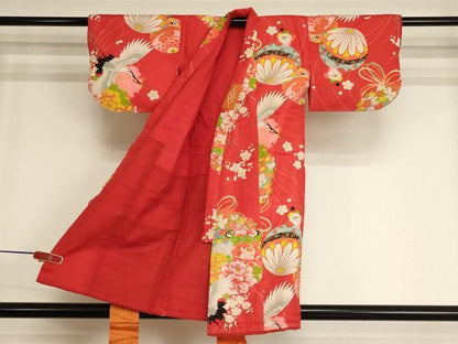 平和屋着物[]アンティーク　大正ロマン　七五三　女の子　３歳　祝着　一つ身　飛鶴薬玉手毬文　正絹　逸品　AABK9167ja