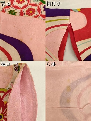 平和屋着物[]アンティーク　大正ロマン　七五三　女の子　７歳　祝着　四つ身　流水花文　正絹　逸品　AABK9168ja