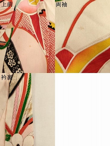 平和屋着物[]アンティーク　大正ロマン　七五三　女の子　３歳　祝着　一つ身　薬玉文　折り鶴　金銀彩　正絹　逸品　AABK9169ja
