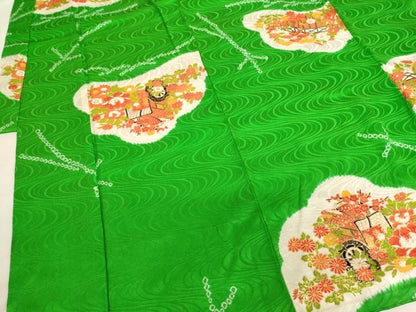 平和屋着物[]七五三　女の子　７歳　祝着　四つ身　絞り　御所車花文　金彩　正絹　逸品　AABK9171ja