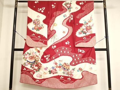 平和屋着物[]七五三　女の子　７歳　祝着　四つ身　絞り　花手毬文　金彩　正絹　逸品　AABK9172ja
