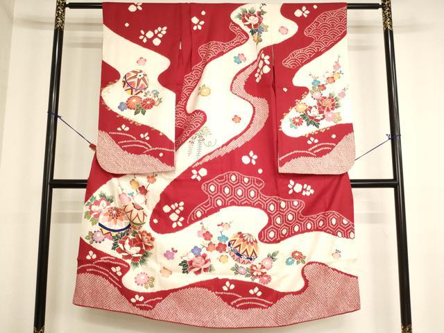 平和屋着物[]七五三　女の子　７歳　祝着　四つ身　絞り　花手毬文　金彩　正絹　逸品　AABK9172ja