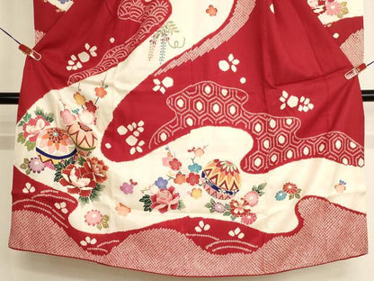 平和屋着物[]七五三　女の子　７歳　祝着　四つ身　絞り　花手毬文　金彩　正絹　逸品　AABK9172ja
