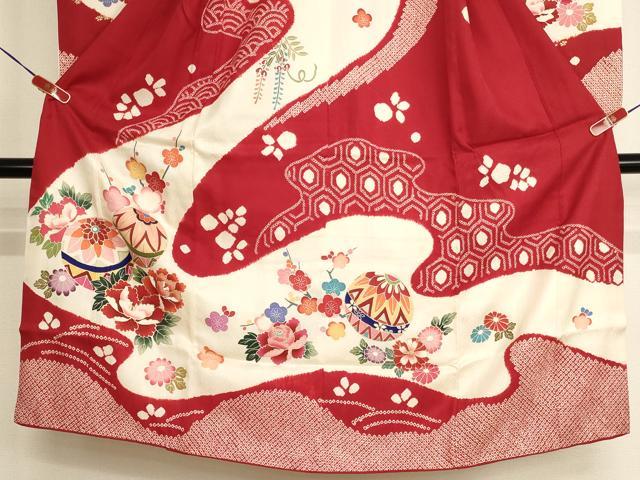 平和屋着物[]七五三　女の子　７歳　祝着　四つ身　絞り　花手毬文　金彩　正絹　逸品　AABK9172ja