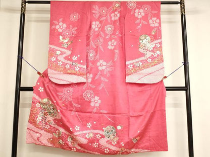 平和屋着物[]七五三　女の子　７歳　祝着　四つ身　絞り　駒刺繍　手毬花蝶文　金銀彩　正絹　逸品　AABK9173ja
