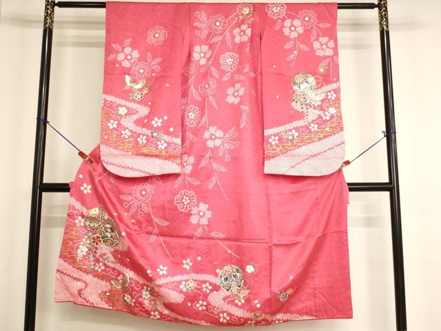 平和屋着物[]七五三　女の子　７歳　祝着　四つ身　絞り　駒刺繍　手毬花蝶文　金銀彩　正絹　逸品　AABK9173ja