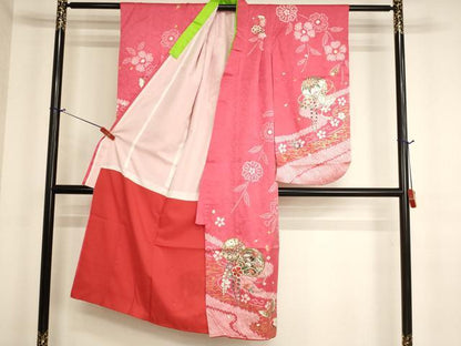 平和屋着物[]七五三　女の子　７歳　祝着　四つ身　絞り　駒刺繍　手毬花蝶文　金銀彩　正絹　逸品　AABK9173ja