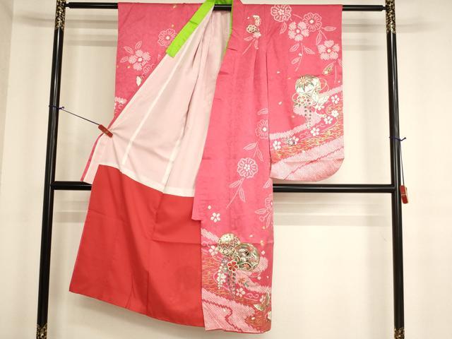 平和屋着物[]七五三　女の子　７歳　祝着　四つ身　絞り　駒刺繍　手毬花蝶文　金銀彩　正絹　逸品　AABK9173ja