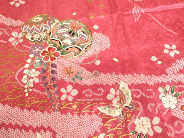 平和屋着物[]七五三　女の子　７歳　祝着　四つ身　絞り　駒刺繍　手毬花蝶文　金銀彩　正絹　逸品　AABK9173ja