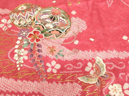 平和屋着物[]七五三　女の子　７歳　祝着　四つ身　絞り　駒刺繍　手毬花蝶文　金銀彩　正絹　逸品　AABK9173ja