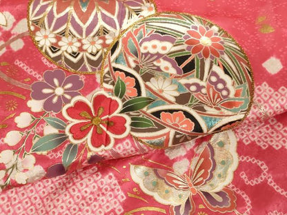 平和屋着物[]七五三　女の子　７歳　祝着　四つ身　絞り　駒刺繍　手毬花蝶文　金銀彩　正絹　逸品　AABK9173ja