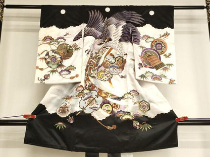 平和屋着物[]お宮参り　男の子　祝着　産着　初着　のしめ　鷹　吉祥雪輪草木文　暈し染め　金彩　AABK9174ja