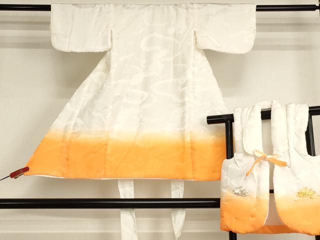 平和屋着物[]七五三　女の子　３歳　祝着　一つ身　袖無し羽織セット　駒刺繍　飛鶴片輪車文　暈し染め　AABK9177ja