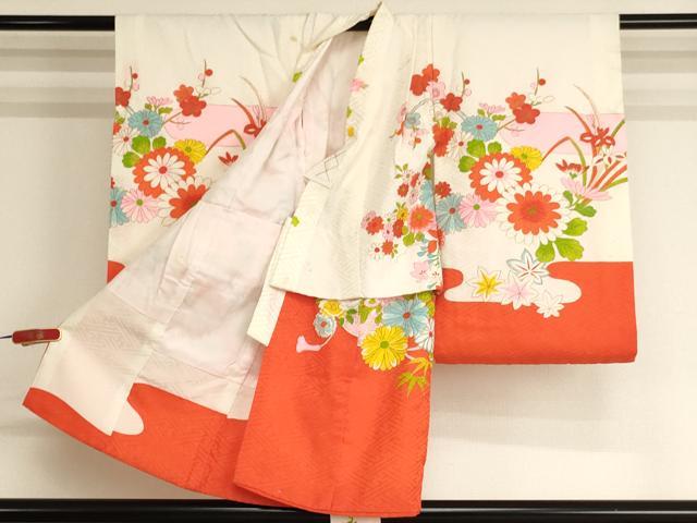 平和屋着物[]七五三　女の子　３歳　祝着　三つ身　長襦袢セット　刺繍　尾長鳥飾花文　金銀糸　金彩　洗える着物　AABK9181ja