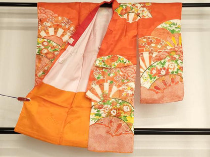 平和屋着物[]七五三　女の子　３歳　祝着　三つ身　駒刺繍　片輪車花文　金彩　AABK9183ja