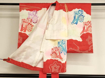 平和屋着物[]七五三　女の子　３歳　祝着　一つ身　絞り　駒刺繍　御所車文　暈し染め　金彩　正絹　逸品　AABK9184ja