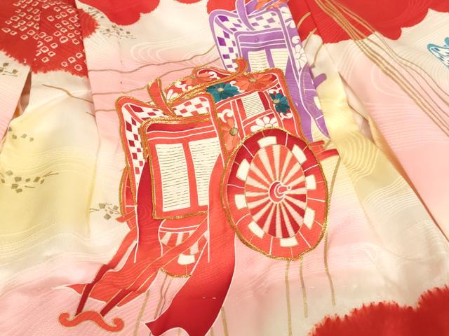 平和屋着物[]七五三　女の子　３歳　祝着　一つ身　絞り　駒刺繍　御所車文　暈し染め　金彩　正絹　逸品　AABK9184ja