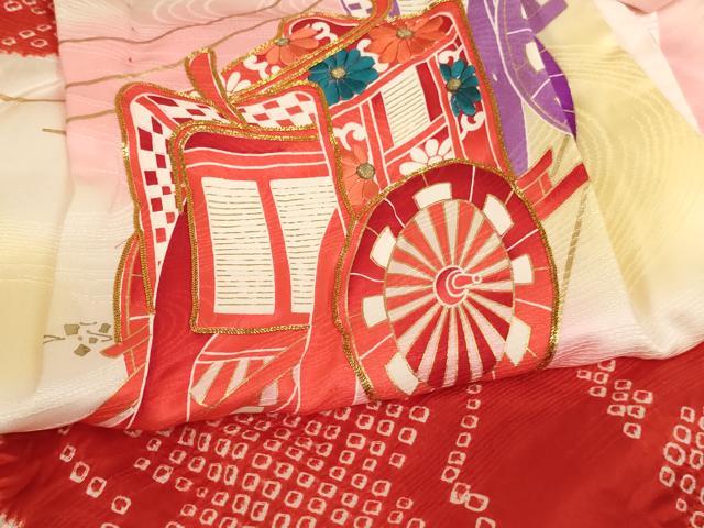 平和屋着物[]七五三　女の子　３歳　祝着　一つ身　絞り　駒刺繍　御所車文　暈し染め　金彩　正絹　逸品　AABK9184ja