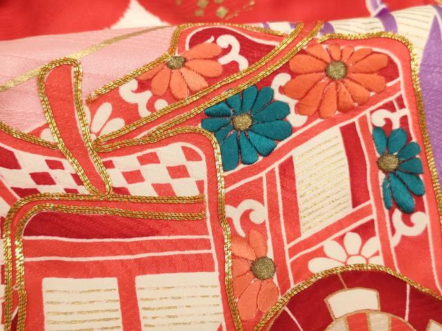 平和屋着物[]七五三　女の子　３歳　祝着　一つ身　絞り　駒刺繍　御所車文　暈し染め　金彩　正絹　逸品　AABK9184ja