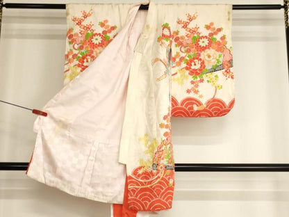 平和屋着物[]七五三　女の子　３歳　祝着　一つ身　刺繍　尾長鳥扇面花文　金糸　金彩　逸品　AABK9186ja