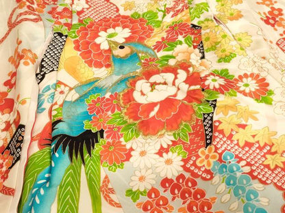 平和屋着物[]七五三　女の子　３歳　祝着　一つ身　刺繍　尾長鳥扇面花文　金糸　金彩　逸品　AABK9186ja