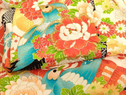 平和屋着物[]七五三　女の子　３歳　祝着　一つ身　刺繍　尾長鳥扇面花文　金糸　金彩　逸品　AABK9186ja