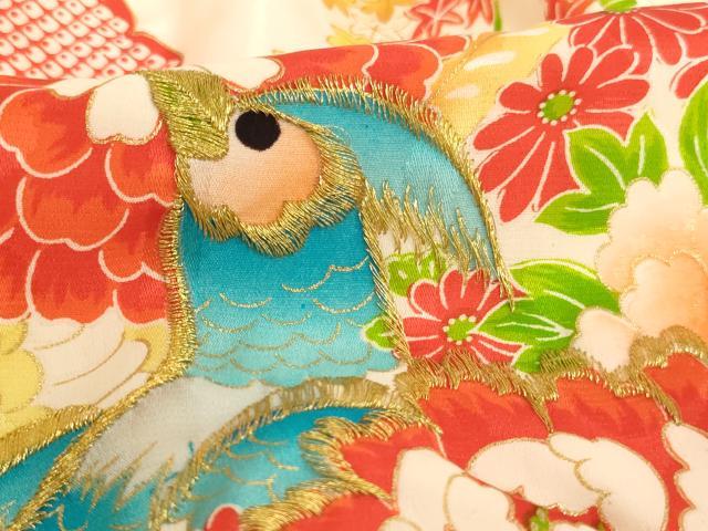 平和屋着物[]七五三　女の子　３歳　祝着　一つ身　刺繍　尾長鳥扇面花文　金糸　金彩　逸品　AABK9186ja