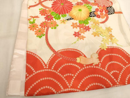 平和屋着物[]七五三　女の子　３歳　祝着　一つ身　刺繍　尾長鳥扇面花文　金糸　金彩　逸品　AABK9186ja