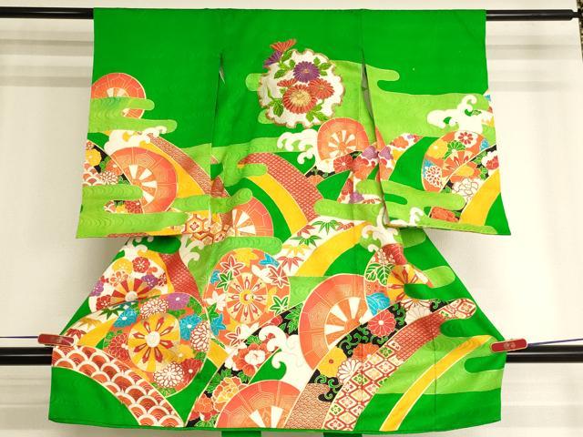 平和屋着物[]お宮参り　女の子　祝着　産着　初着　のしめ　駒刺繍　片輪車雪輪花文　金彩　正絹　逸品　AABK9188ja