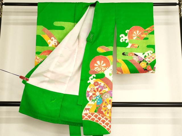 平和屋着物[]お宮参り　女の子　祝着　産着　初着　のしめ　駒刺繍　片輪車雪輪花文　金彩　正絹　逸品　AABK9188ja