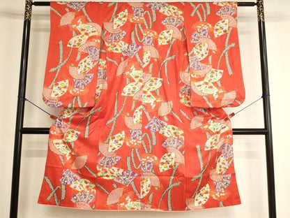 平和屋着物[]七五三　女の子　７歳　祝着　四つ身　扇面花文　金彩　正絹　逸品　AABK9190ja