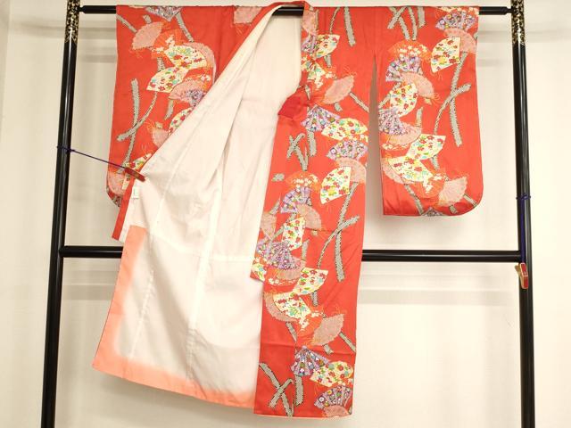平和屋着物[]七五三　女の子　７歳　祝着　四つ身　扇面花文　金彩　正絹　逸品　AABK9190ja