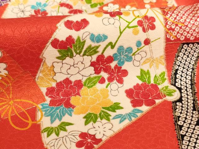 平和屋着物[]七五三　女の子　７歳　祝着　四つ身　扇面花文　金彩　正絹　逸品　AABK9190ja