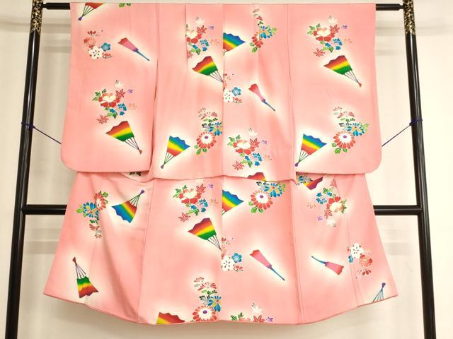 平和屋着物[]七五三　女の子　７歳　祝着　四つ身　舞扇花文　暈し染め　正絹　逸品　AABK9193ja